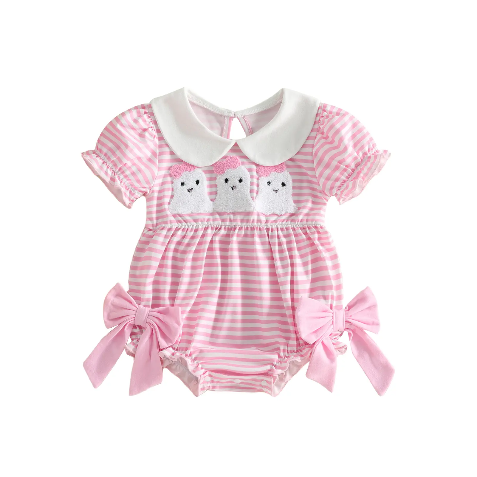 Newborn Baby Girl Halloween Bubble Romper Puff Short Sleeve Doll Collar Cute Ghost Embroidery Striped Print Jumpsuit
