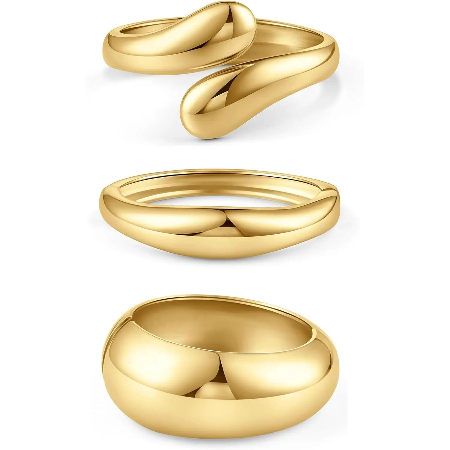 Women's 3PCS Chunky Gold Cuff Bangle Set - Stackable, Waterproof, Non-Tarnish, Polished Finish Solid Round Female Jewelry, Everyday Wear Gift, Zinc Metal, Cuff Bangles