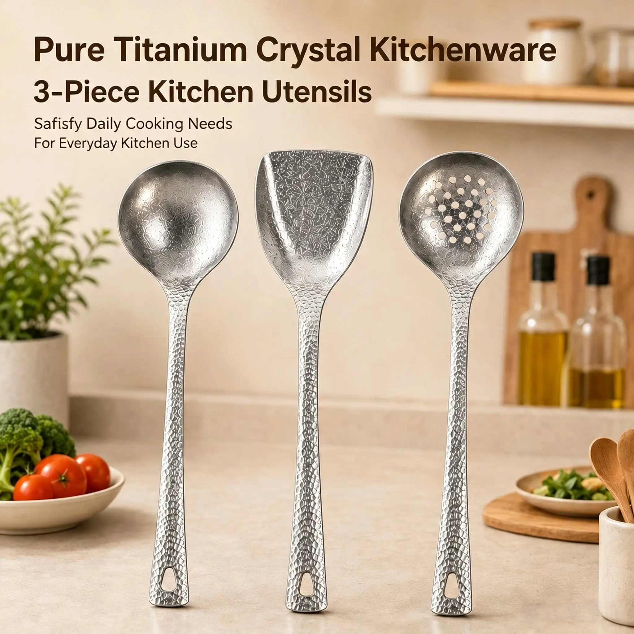 Pure Titanium Kitchen Utensils Set, Soup Spoon, Cooking Spatula, Strainer, Hot Pot Spoon, Outdoor Scoop, Home Use, Durable & Lightweight