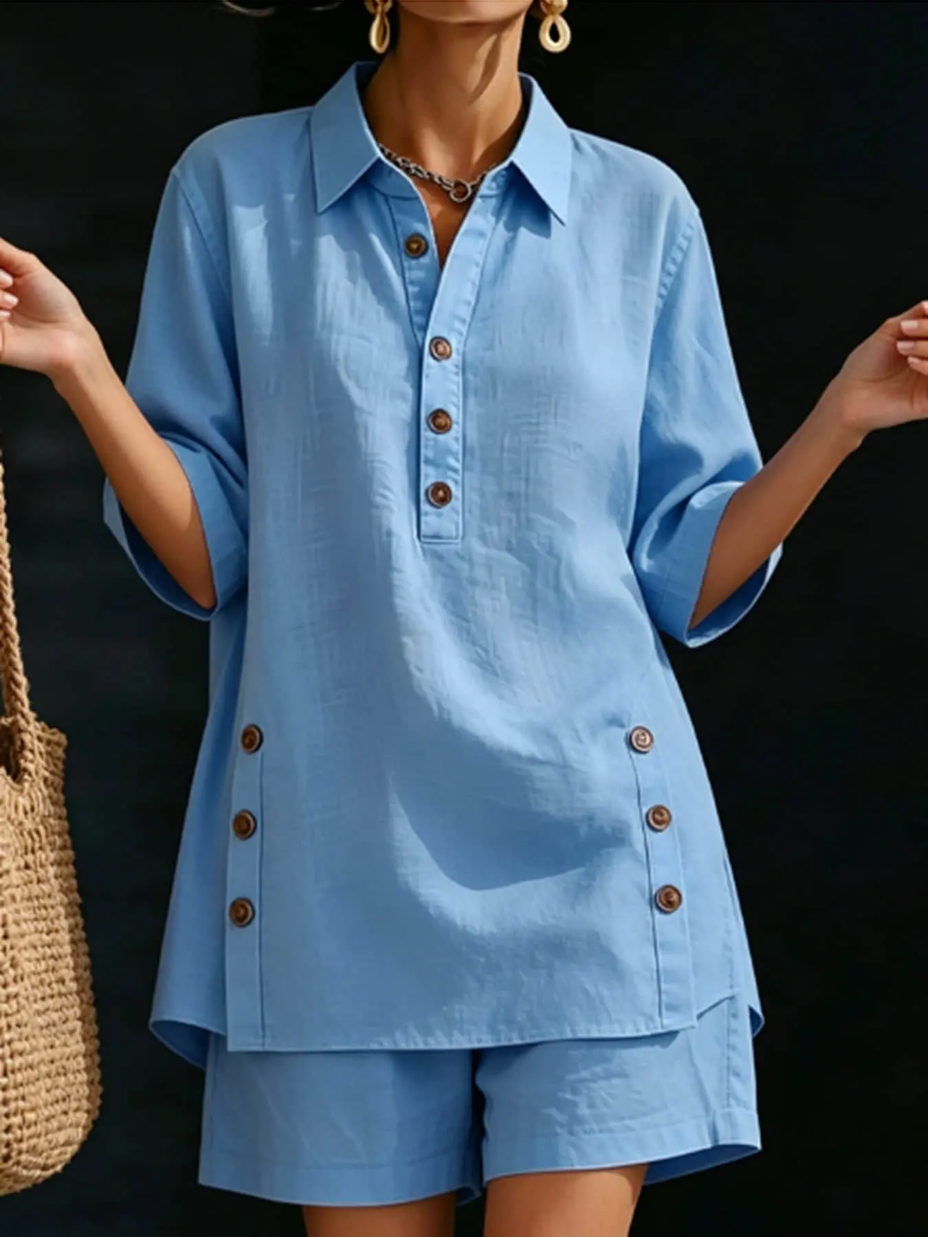 Women's Fashion Lazy Style Thin Sleeve Short Set - Loose Fit Flared Front Side Zipper Design + High-Waisted Shorts Set   Perfect for Summer, Ideal for Casual Home, Beach Vacations, Daily Commuting, Friends' Afternoon Tea Shopping, and Short Trips