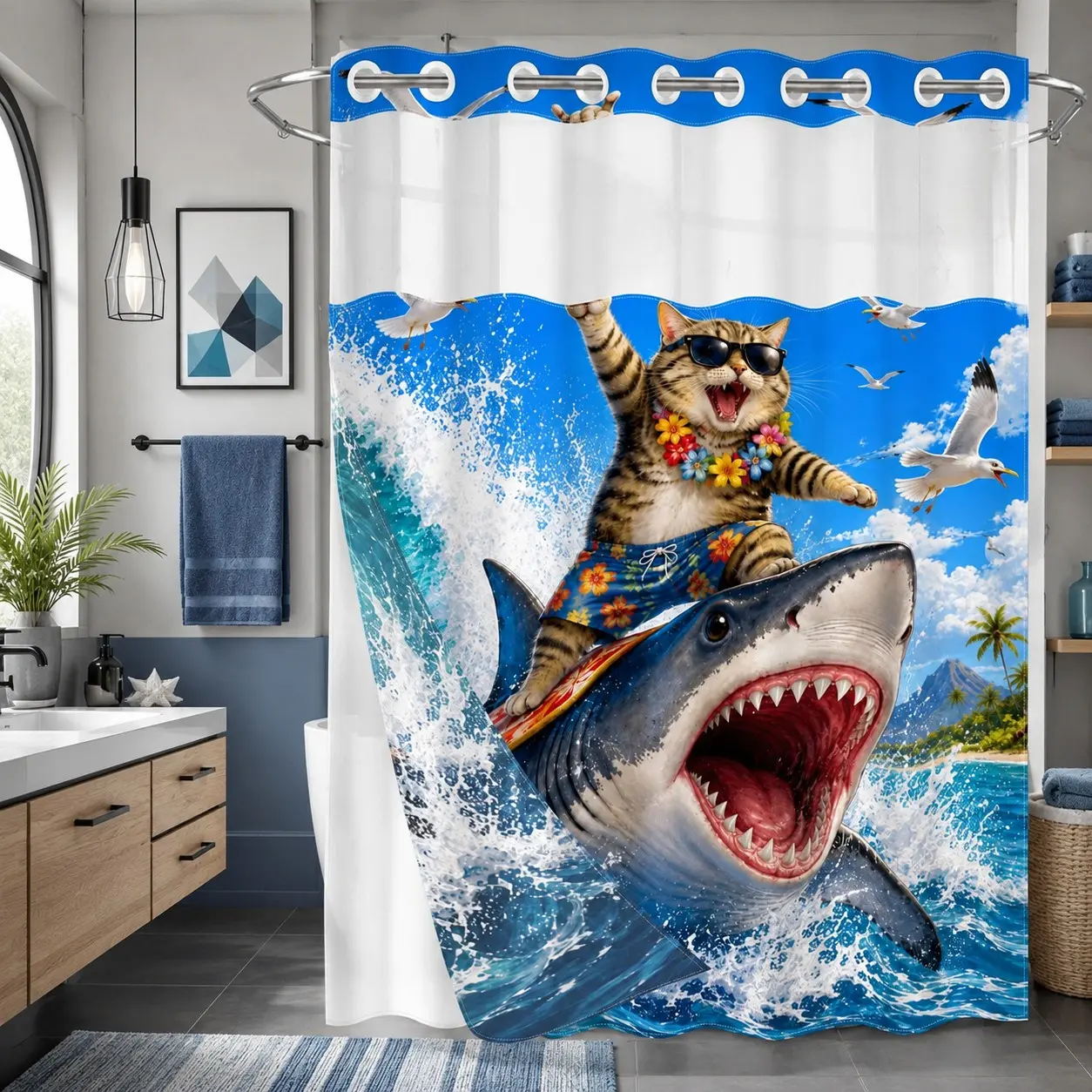 1Pc Hookless Double Layer Shower Curtain Set, Funny Cat Riding Shark Ocean Print, Snap-In Waterproof Mildew-Resistant Liner, Fabric Outer Curtain with Sheer Viewing Window, 71×74 Inch, Machine Washable, for Home, Apartment and Hotel Bathrooms