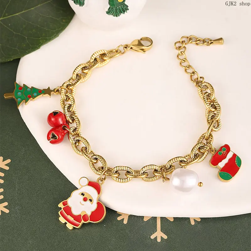 Gold‑Tone Christmas Charm Bracelet✨Santa Christmas Tree Sock Enamel Pendant Bracelet, X‑mas Holiday Jewelry Gift for Women Girls