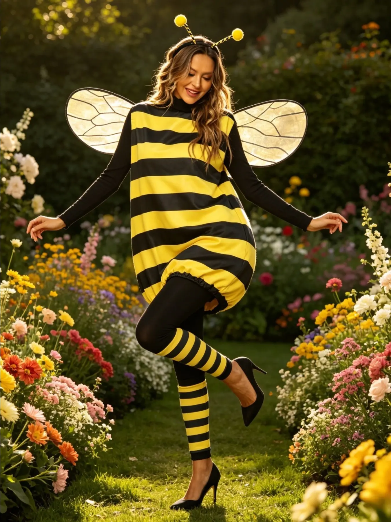 Halloween Party Adult Cos Outfit Costumes With Accessories Bee Ladybug Striped Loose Jumpsuit Headband Leg Sleeves Festival Wear