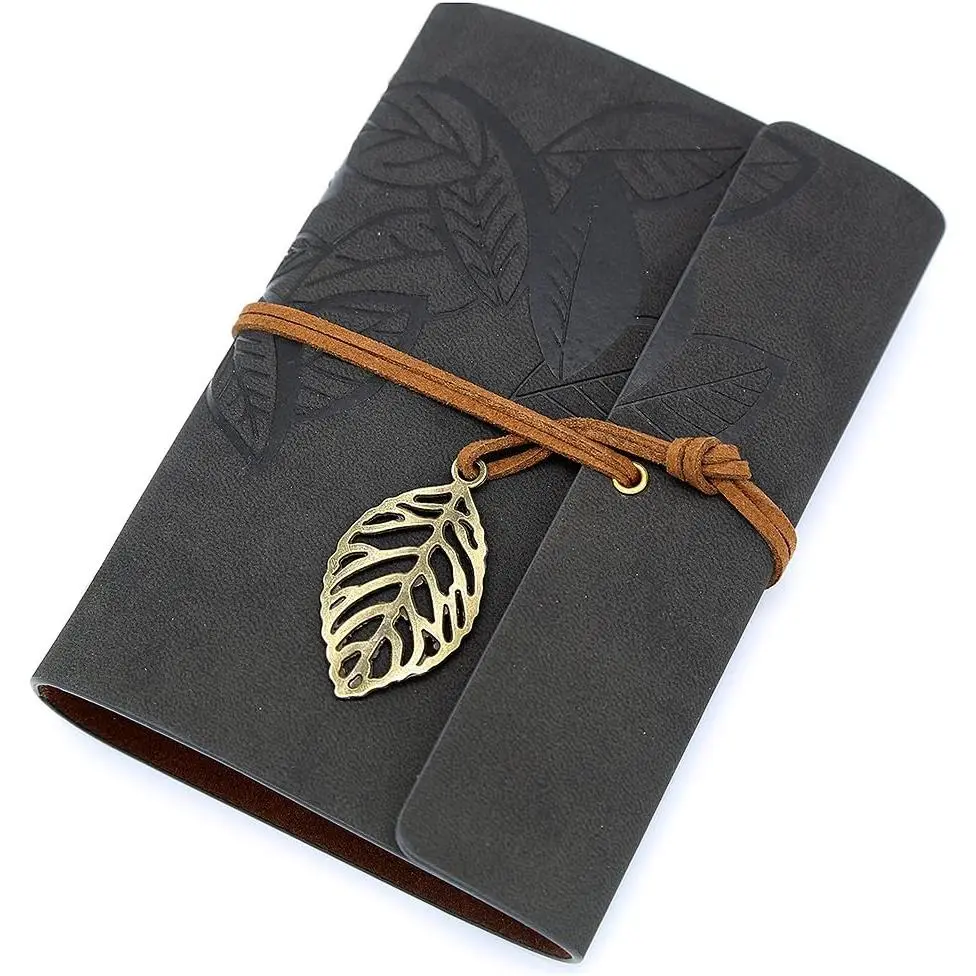 7" Black PU Leather Writing Journal - Professional B6 Refillable Binder Notebook with Retro Leaf Pendant, 160 Pages Thick Blank Paper for Writing, Sketching & Office Use