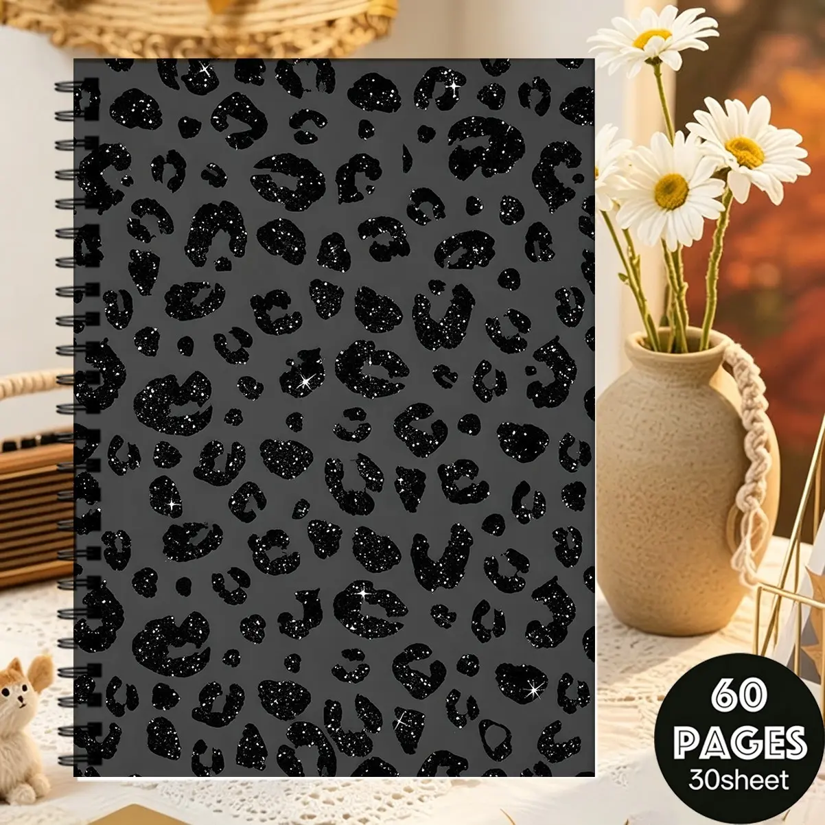 Gold Leopard Print Spiral Notebook, Dual Spiral Binding, 60 Pages Lined Blank, Ideal for Daily Inspiration, Planning, Study Notes, Spiral Bound Notebook