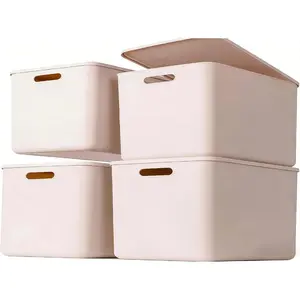Plastic Storage Baskets Boxes with Lids,14.4x10.2x6.3 Inch Stackable Organizing Versatile Containers for Shelves Desktop (Light grey, 4L)