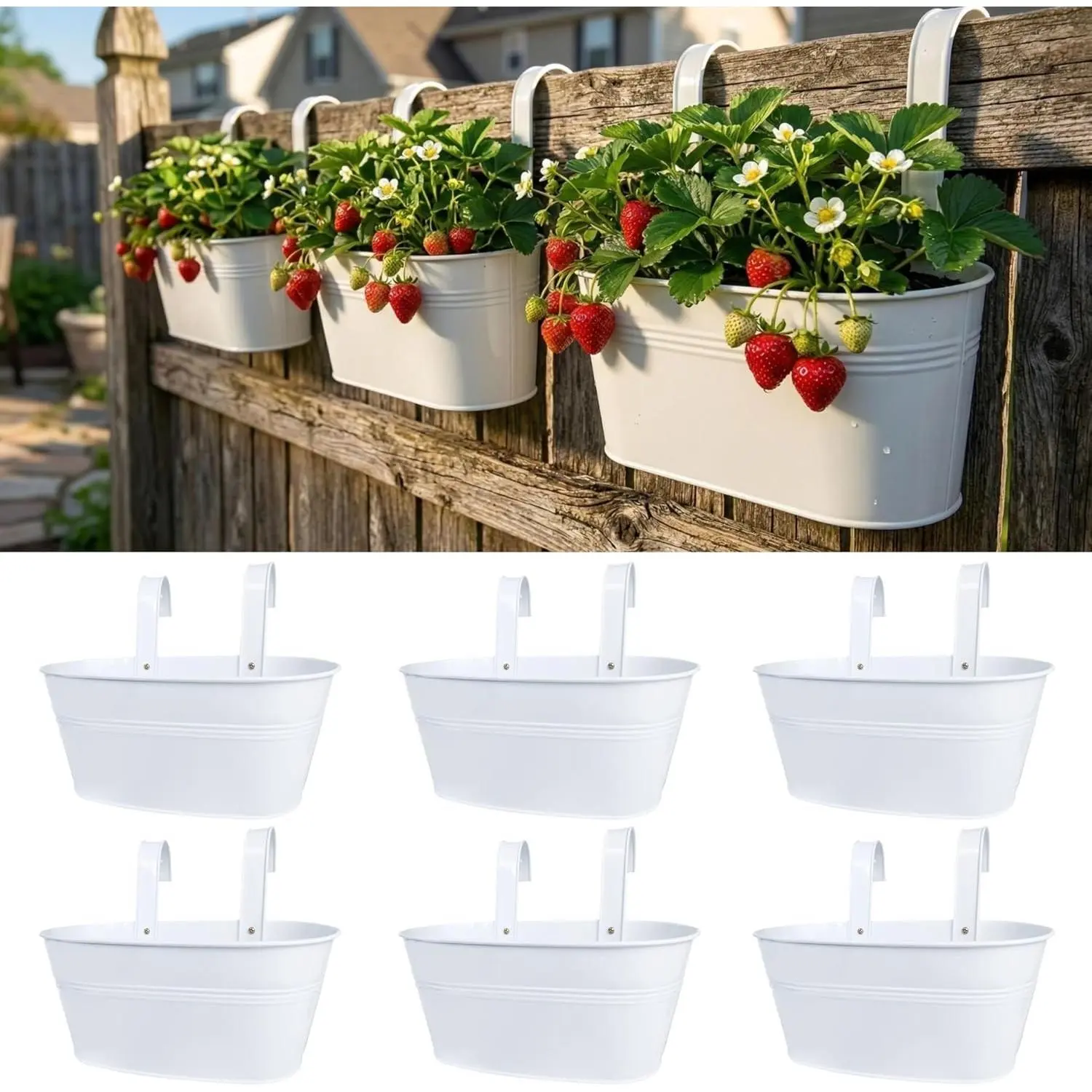 Outdoor Rail Planter (6 Pack, 9.8 Inch) Small and Cute White Metal Iron Hanging Flower Pots Deck Railings Fence Buckets Countryside Style Wall Mount Window Box Plant Holder Hooks Porch Decor