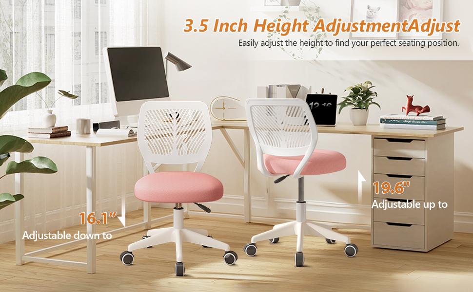 Armless Desk Chair, Height Adjustable Swivel Office Rolling Task Chairs with Soft Mesh Padded Cushion, Ergonomic Small Study Computer Chair for Girls Boys Teens (Pink, 1PC)