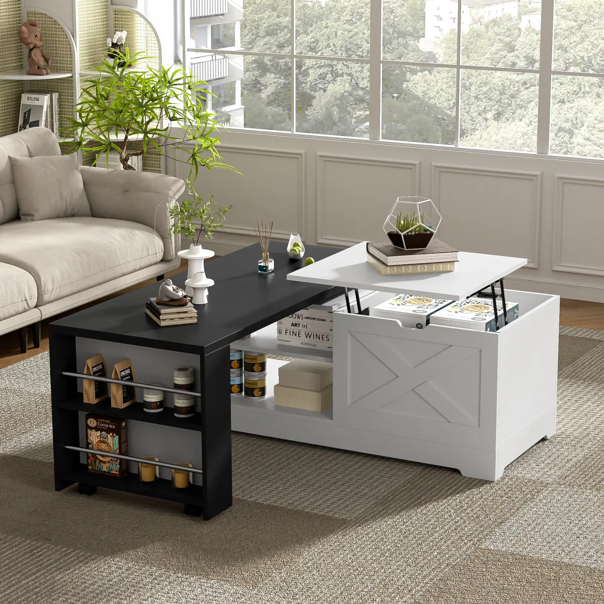 Farmhouse  Lift Top Coffee Table With Barn Doors, Wood Rectangle Center Table With Large Hidden Storage Space And Open Cabinet, For Living Room, Bedroom, Home Office