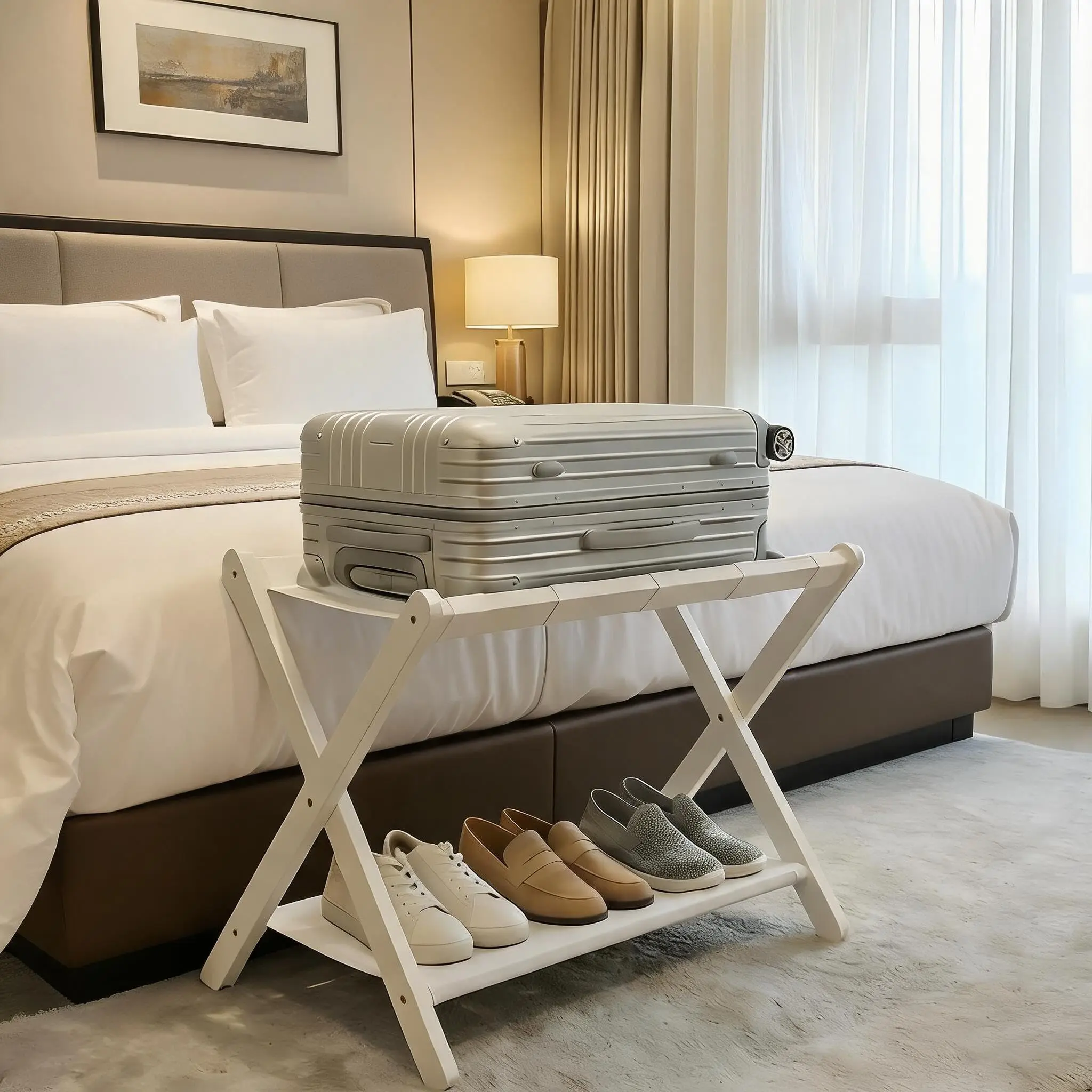 GARVEE Bamboo Folding Luggage Rack with Storage Shelf, Single or 2 Pack, Hotel-Style Suitcase Stand for Guest Room or Bedroom, Available in White, Brown, Black, and Walnut Finish