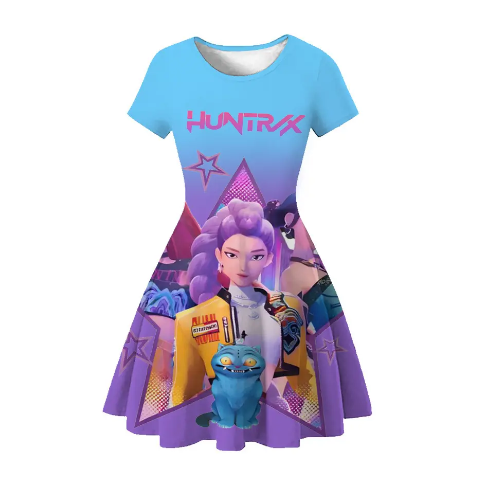 Girls' Cartoon Anime Print Dress - Round Neck, Short Sleeve, Knee-Length Fitted Casual Summer Dress