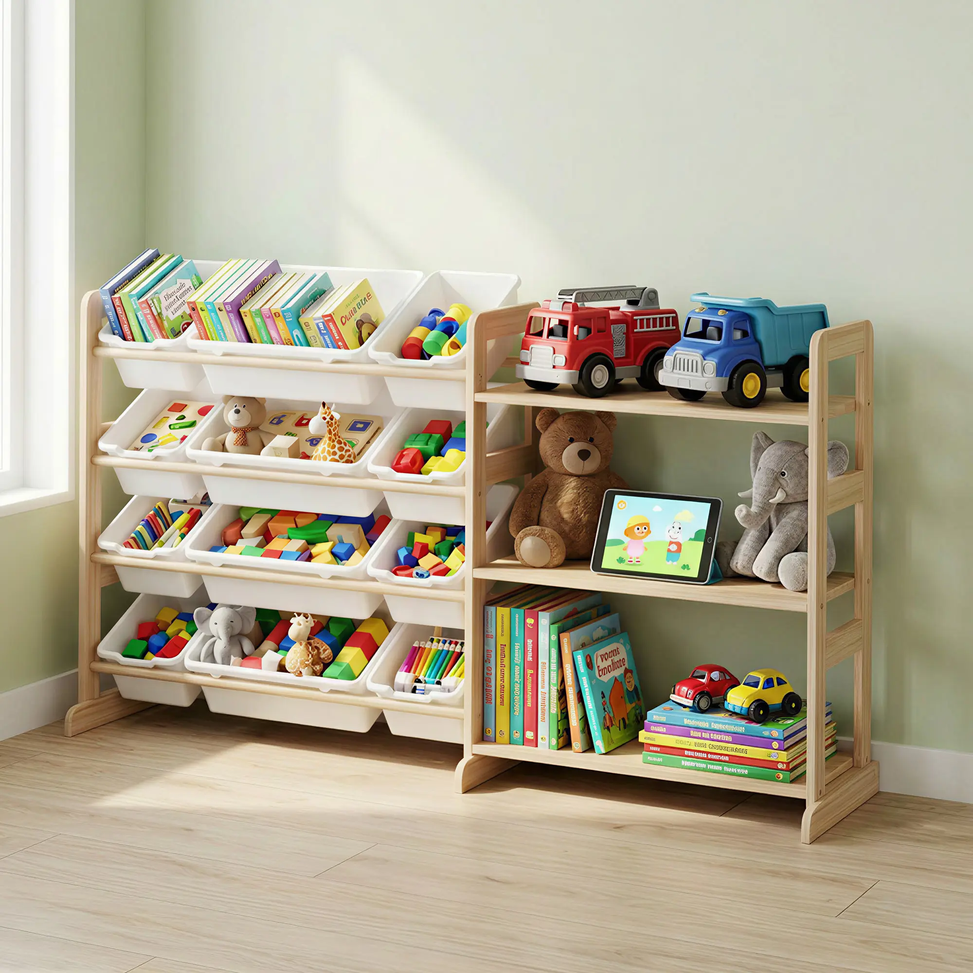Kids Toy Storage Organizer with 12 Storage Bins & 3 Open Shelves, 56 Inch Tall Solid Pine Wood Bookshelf Display Rack, Natural Finish Sturdy Toy Shelving Unit for Toddler Playroom Bedroom Nursery