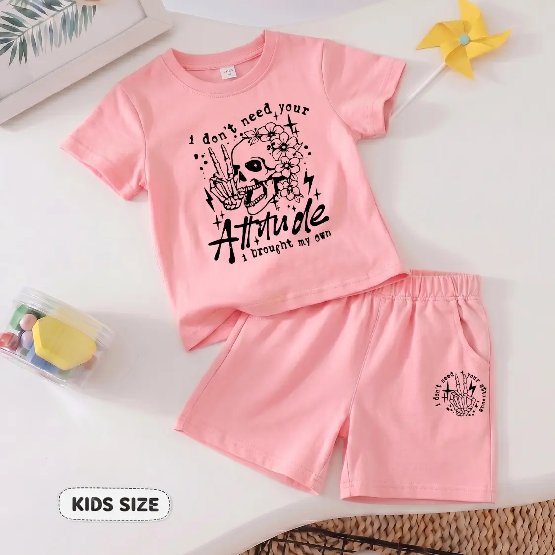 Girls’ 2-Piece Crew Neck Short Sleeve Top & Elastic Waist Shorts Set, Breathable Soft "I Don't Need Your Attitude" Printed Casual Summer Outfit, Children’s Size Daily & Outdoor Play Clothing, Short Sleeve Tops