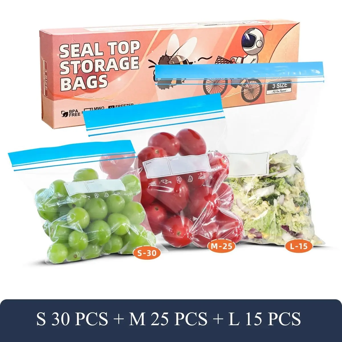70PCS Reusable Food Storage Bags Set, Leakproof Double Zipper Freezer Bags with Write-On Labels, Gallon, Sandwich and Snack Bags Combo for Fridge Organization