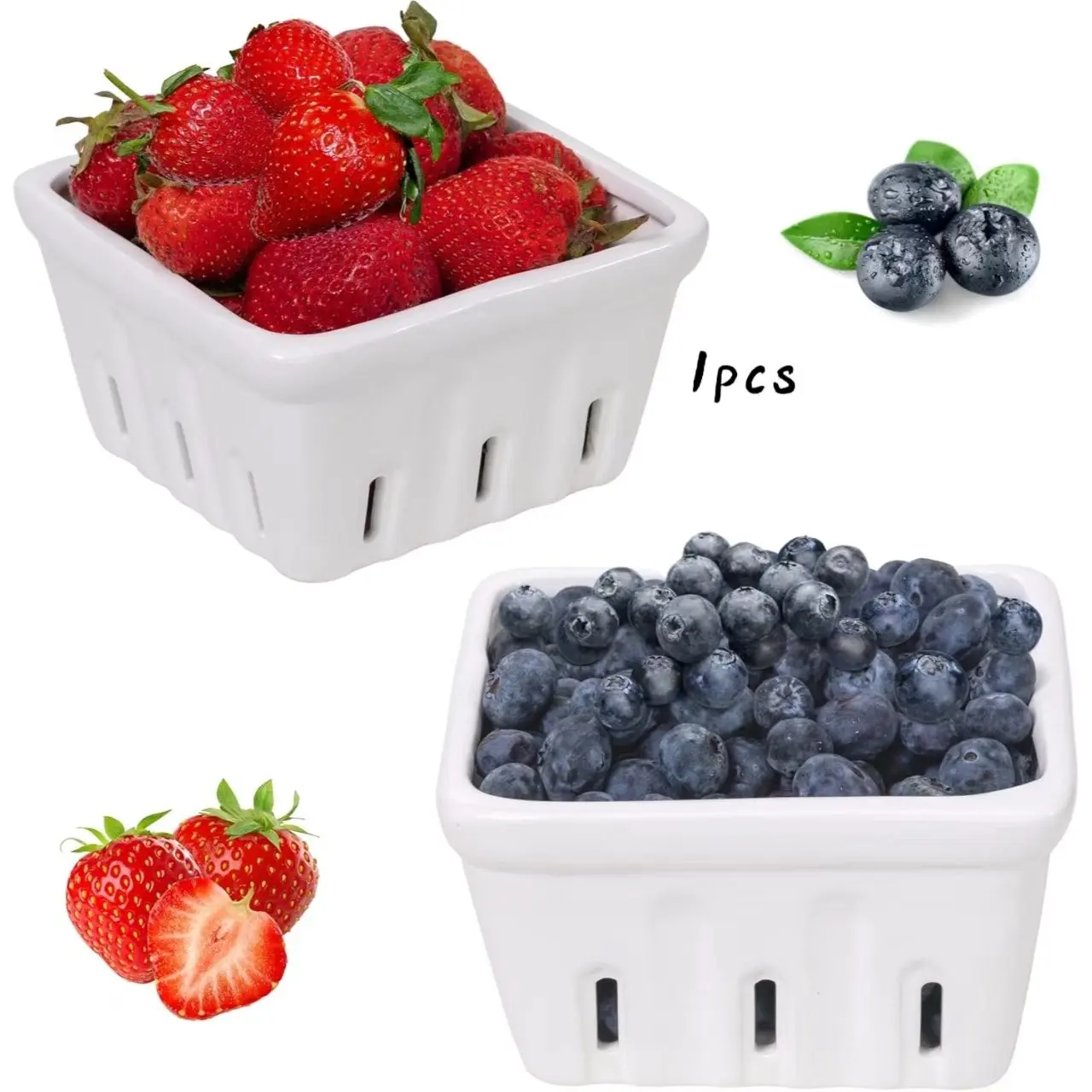 Ceramic Berry Basket Set, Fruit and Vegetable Decorative Bowl, Kitchen Storage Bowl for Strawberries, Blueberries, Snacks, Serving, Fruit Basket for Kitchen Counter