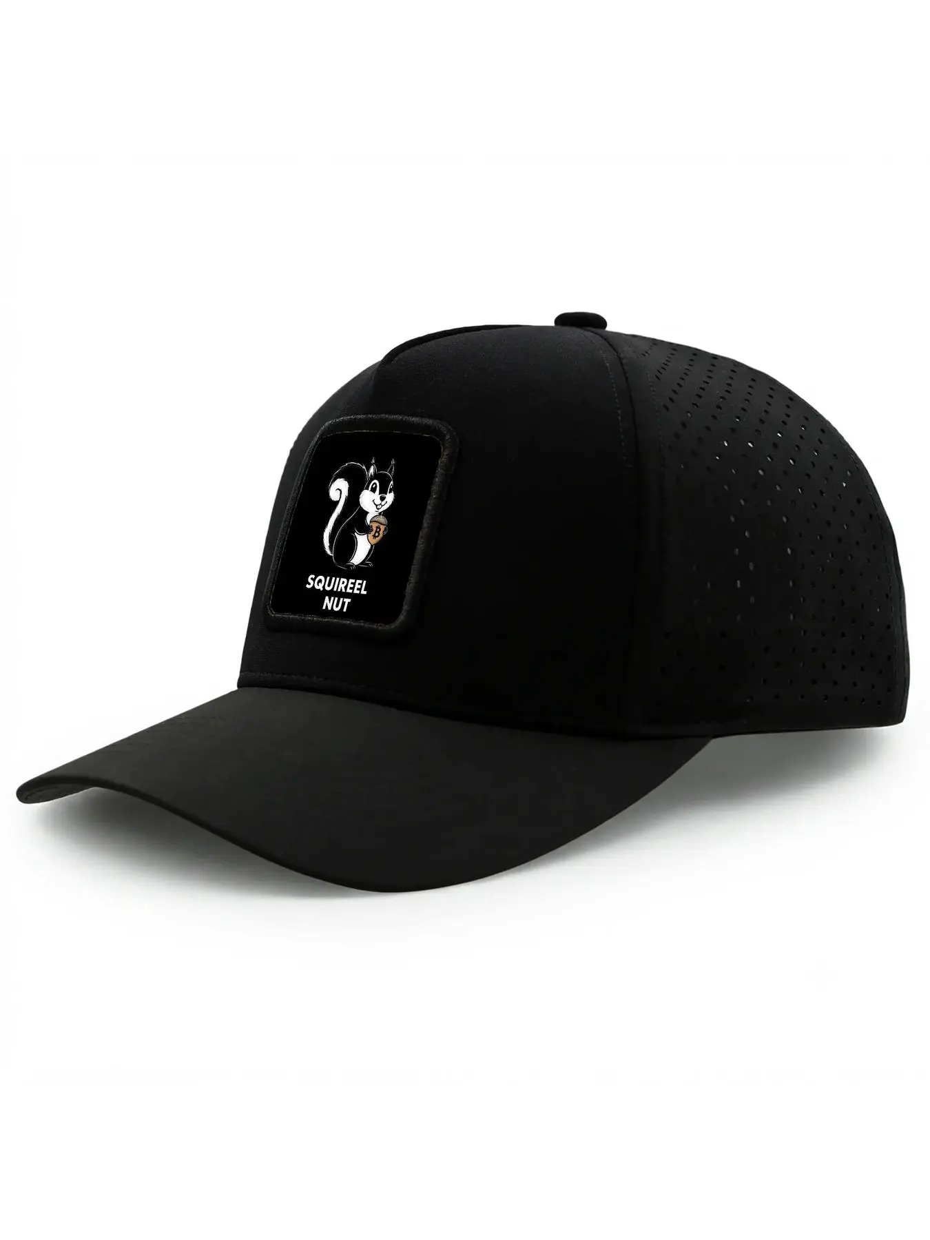 Cartoon squirrel holding Bitcoin symbol nut  Quick Dry Curved Brim Baseball Cap for Men Women, Laser-perforated Breathable Sports Cap, Lightweight Performance Cap for Running Golf Hiking Fishing Outdoor Workout Daily Wear