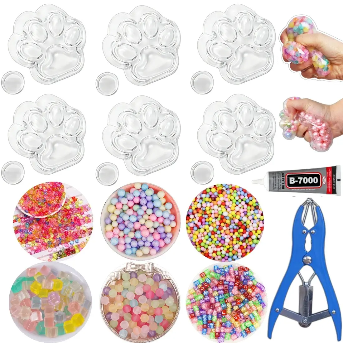 DIY Stress Ball Making Kit, Includes 6 Filling Packs, 6 Transparent Cat Paw Skins, 15ML Glue, Expansion Tool, Ideal for Adults and Beginners
