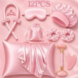 12Pcs Luxury Satin Hair Care Sleep Set, No-Heat Overnight Curling Kit with Satin Pillowcase, Bonnet, Sleep Mask, Scrunchies, Storage Bag, Gua Sha & Roller, Beauty Sleep Set for Frizz-Free Hair, Soft Curls, Smooth Skin & Self Care