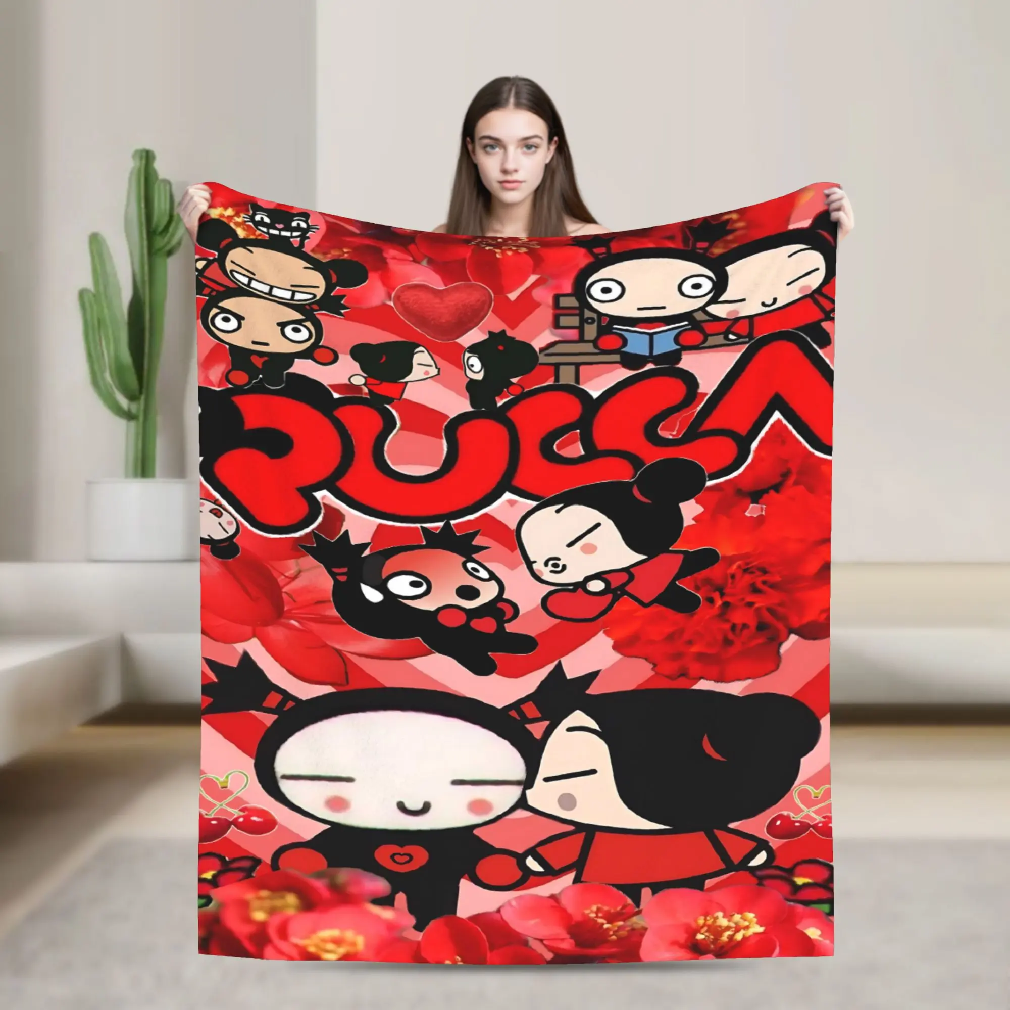 Pucca Cartoon Flannel Blanket Red Rose Pucca Garu Character Throw Blanket Soft Sofa Bed Cover Anime Fans Gift