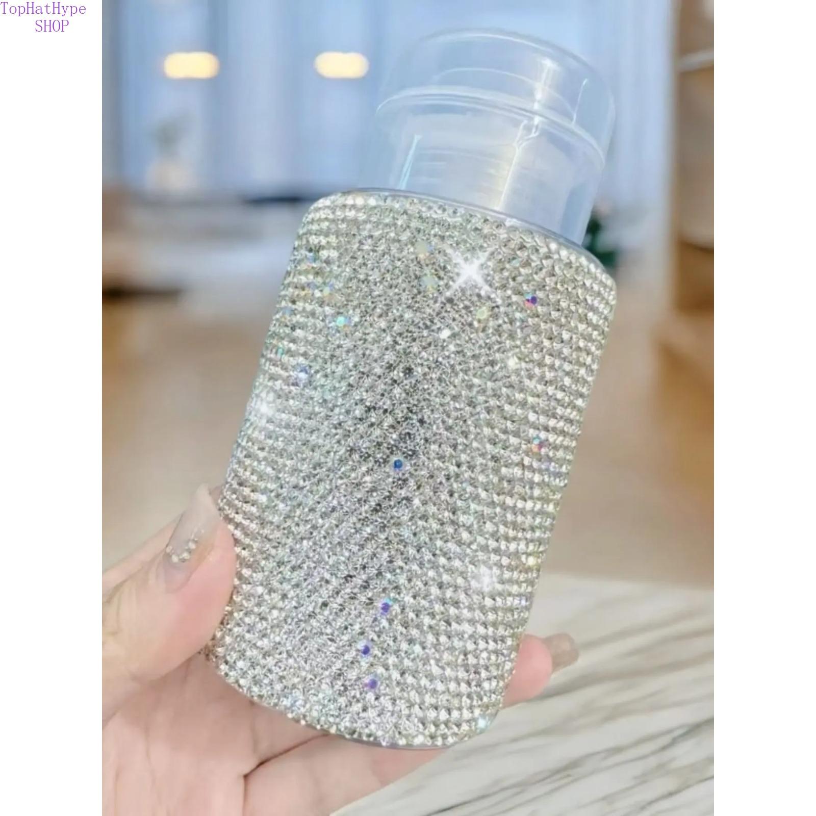 Bling Rhinestone Pump Dispenser Bottle for Nail Art, Full Rhinestone Refillable Empty Container for Makeup Remover, Toner, Liquid Cosmetics & Alcohol, Portable Leak-Proof Design Luxury Beauty Tool for Travel Salon Daily Use