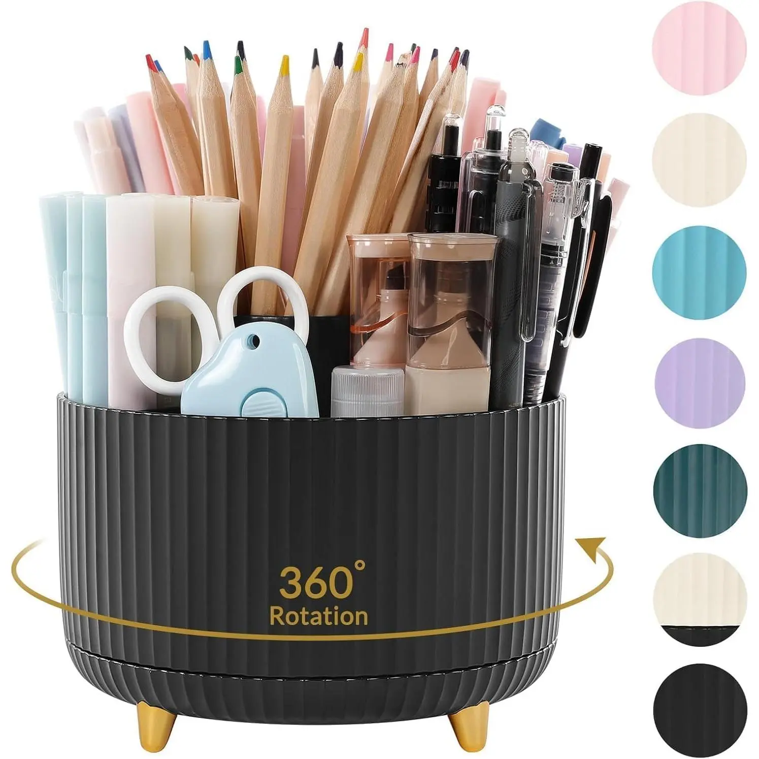 360 Degree Rotating Desk Organizer, Dual-Purpose Pencil Pen Holder for Desktop, Rotating Desk Pen Organizer with 5 Slots, Office Supplies, Pencil Cup for Office, School, Home