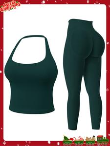 two-piece set women's solid seamless crop tank top & high waist leggings tracksuit set, sporty casual breathable comfortable outfits for yoga gym workout running, ladies sportswear for all seasons, yoga clothes set, workout gym clothing