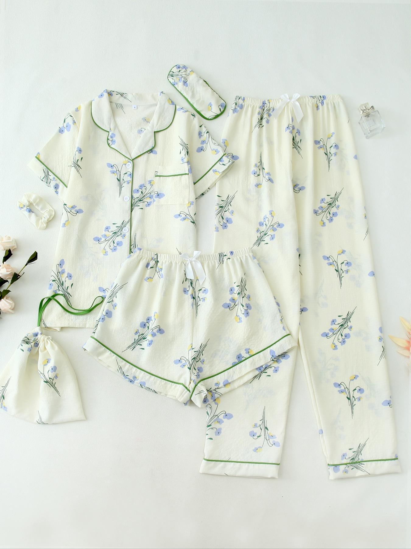 Women's Two-Piece Set All Over Cherry Print Contrast Binding Pyjama Set, Casual Elegant Lapel Pocket Shirt & Elastic Waist Pants & Shorts & Scrunchie & Eye Mask & Storage Bag, Women's Sleepwear for All Seasons, Matching, Womenswear, Pajama Set, Pajamas