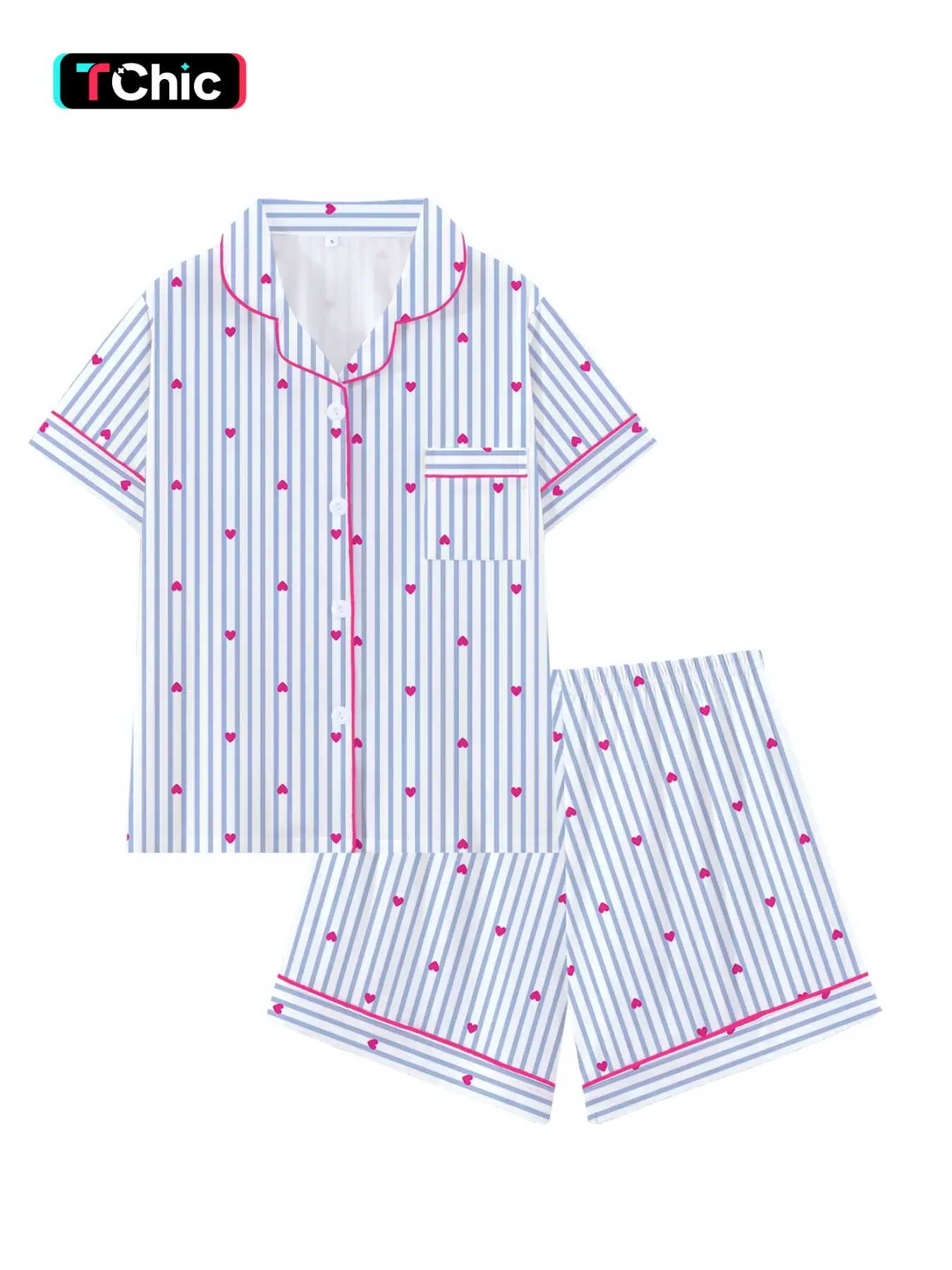 Teen Blue Striped Heart Collar Short Sleeve Pajama Set, Pyjamas, Pjs, Comfortable Sleepwear, Loungewear, Outfit, All Season Wear, Perfect Gift, Collared Pajama Set, Pajamas