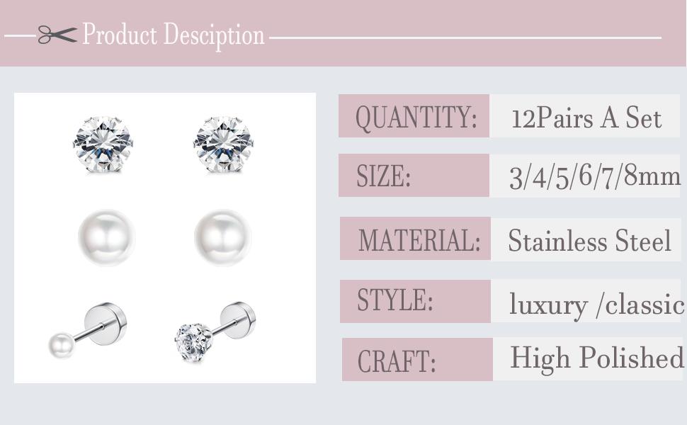 Jstyle 12Pairs Stainless Steel Round Clear Cubic Zirconia Pearl Stud Earring for Women CZ Earrings 3-8MM