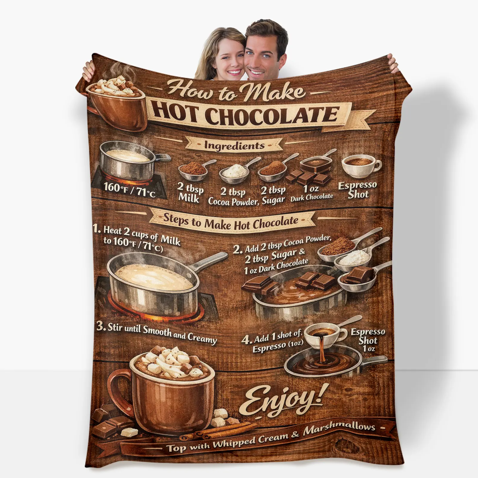 Ultra-Soft Hot Cocoa Flannel Blanket - 1-Piece Tufted Weave Digital Print Vintage Hot Chocolate Recipe on Rustic Wood, Durable, Breathable, Machine-Washable, Modern Warm & Cozy Blanket for Napping, Multi-Size Ideal Gift for Loved Ones