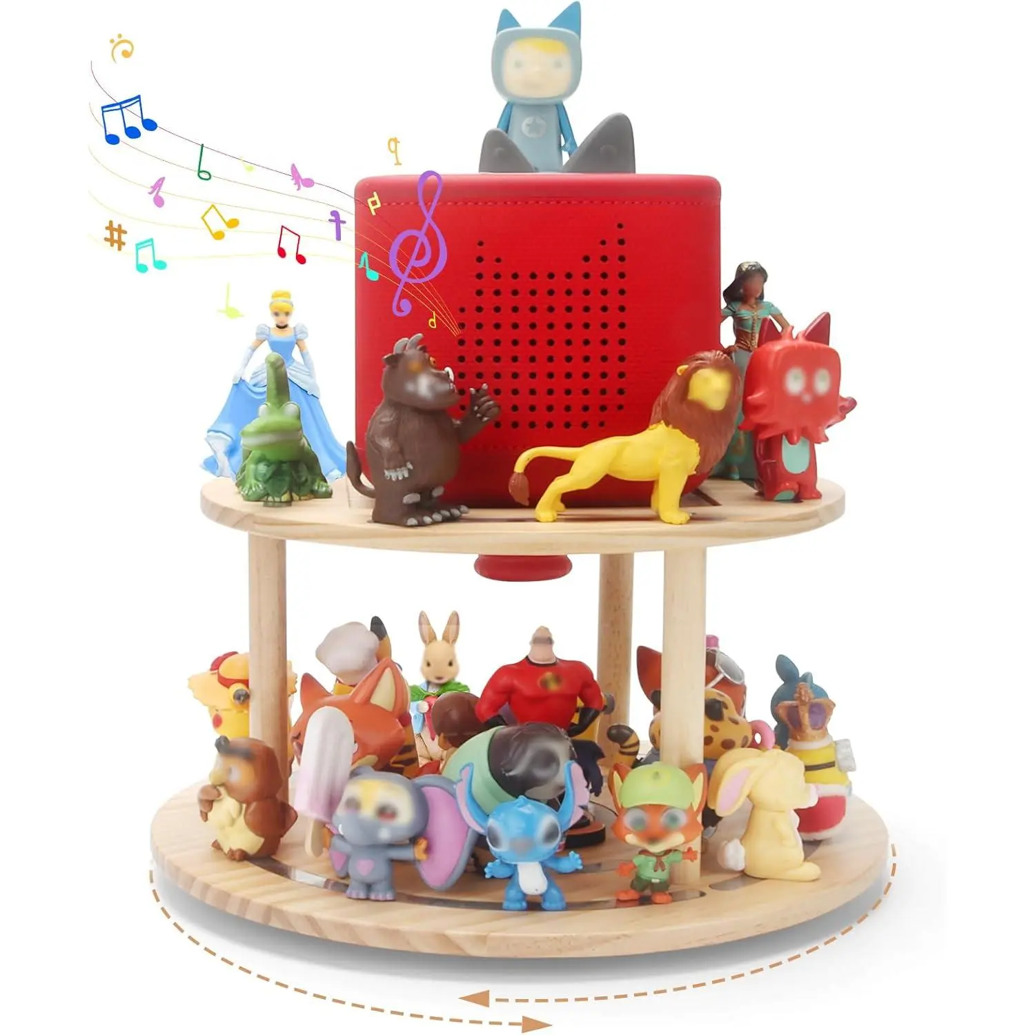 360° Rotating Storage Shelf for Toniebox1/2, 2-Tier Organizer Holder for 20~30 Tonies Figures, Wooden Magnetic Stand Display for Tonie Box Characters Tonieplay Game Controller