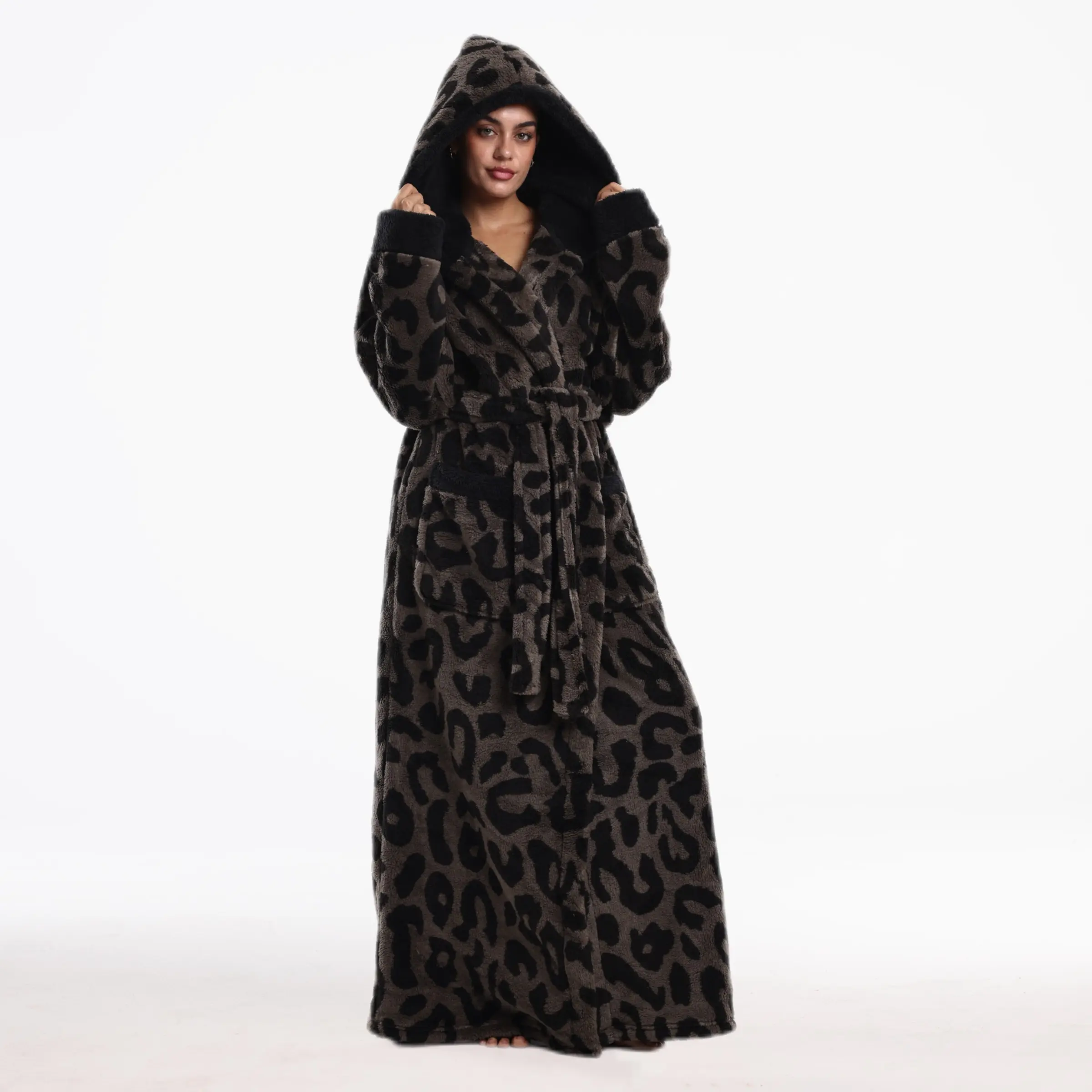 French Leopard Print Flannel Bathrobe, Thickened with Belt and Pockets, Unisex, Hooded or Notched Neck, Perfect Gift