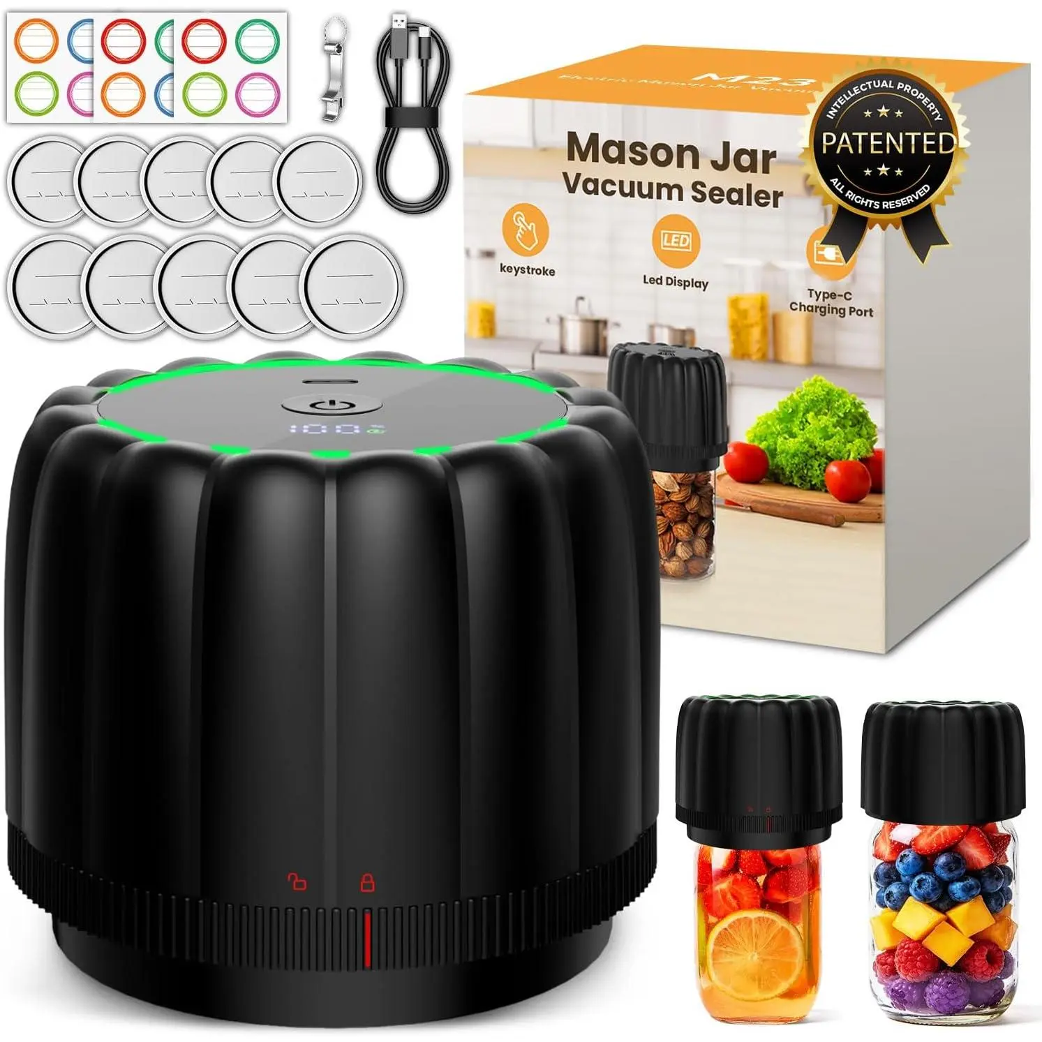2026 Upgraded Electric Mason Jar Vacuum Sealer Kit with Wide and Regular Mouth Mason Lids -80kpa Automatic Vacuum Pump 2500mAh Battery One Touch Canning Sealing Machine for Food Storage Black