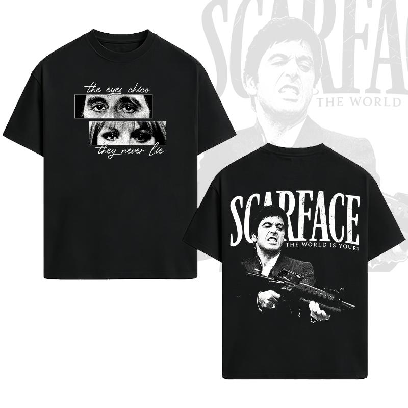 Men'S "Scarface" Pattern T-Shirt, Fashionable Black Short-Sleeved Round-Neck Summer T-Shirt, Retro Gangster Style Pattern T-Shirt, Men'S Fashionable Black Short-Sleeved Round-Neck Summer T-Shirt, Cotton, Movie-Inspired Streetwear Top
