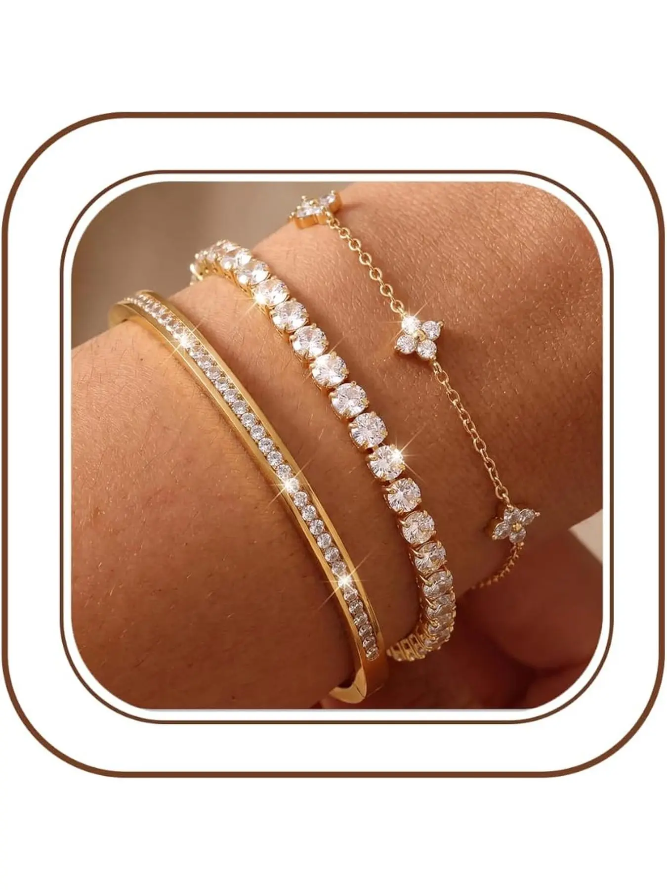 3 Pcs Silver/Gold/Rose Gold Bracelet For Women 14K Gold Plated Bracelet stack tennis Stainless Steel Bracelet Adjustable Zirconia Bangles Set For Women Bracelets Stack