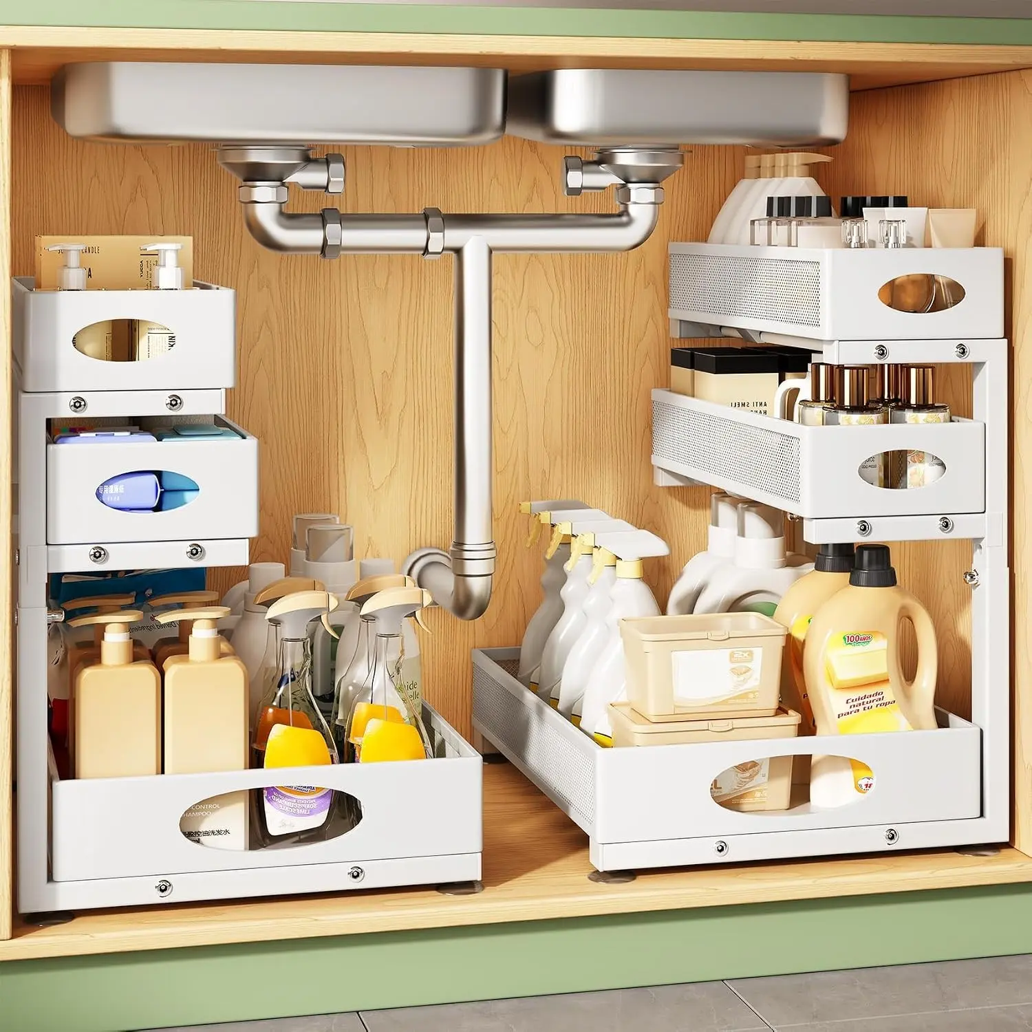 Under Sink Organizer 3-Tier Slide Out Drawer for Bathroom 2-Pack | Height Adjustable, Metal Mesh Storage Rack, Pull out Cabinet Organizer Shelf for Kitchen Pantry Home Laundry Organization
