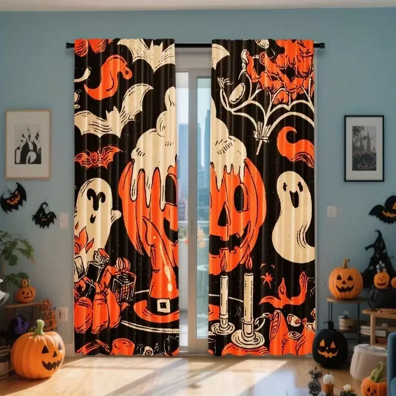 2 pieces of Halloween curtains - Retro pumpkin art design, black with festive pumpkins and ghosts, pole bag, easy to hang, suitable for decoration in living room and bedroom, Halloween decorations, window drapes