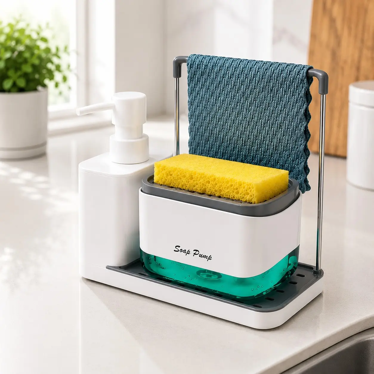 5-in-1 Heavy-Duty Plastic Kitchen Sink Organizer Set with Dual Soap Dispenser & Sponge Holder - No Electricity Needed, Space-Saving Floor-Mounted Design, Includes Hand & Dish Soap Dispensers, Tray & Dishcloth Holder - Phthalate-free