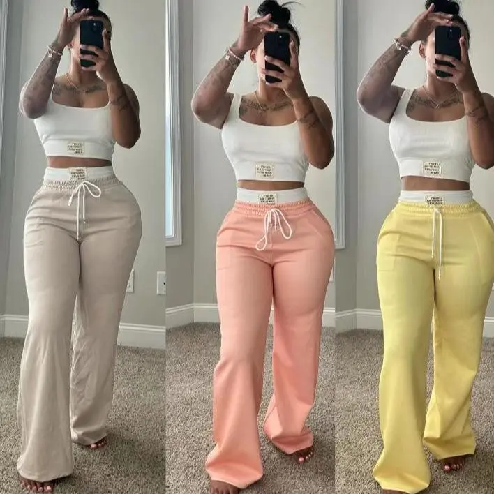 New Drop! European - American Style Cross - border Trendy Color - Blocked Double - Waistband Layered Loose Street - style Athletic Casual Trousers Two - Piece Set for Women