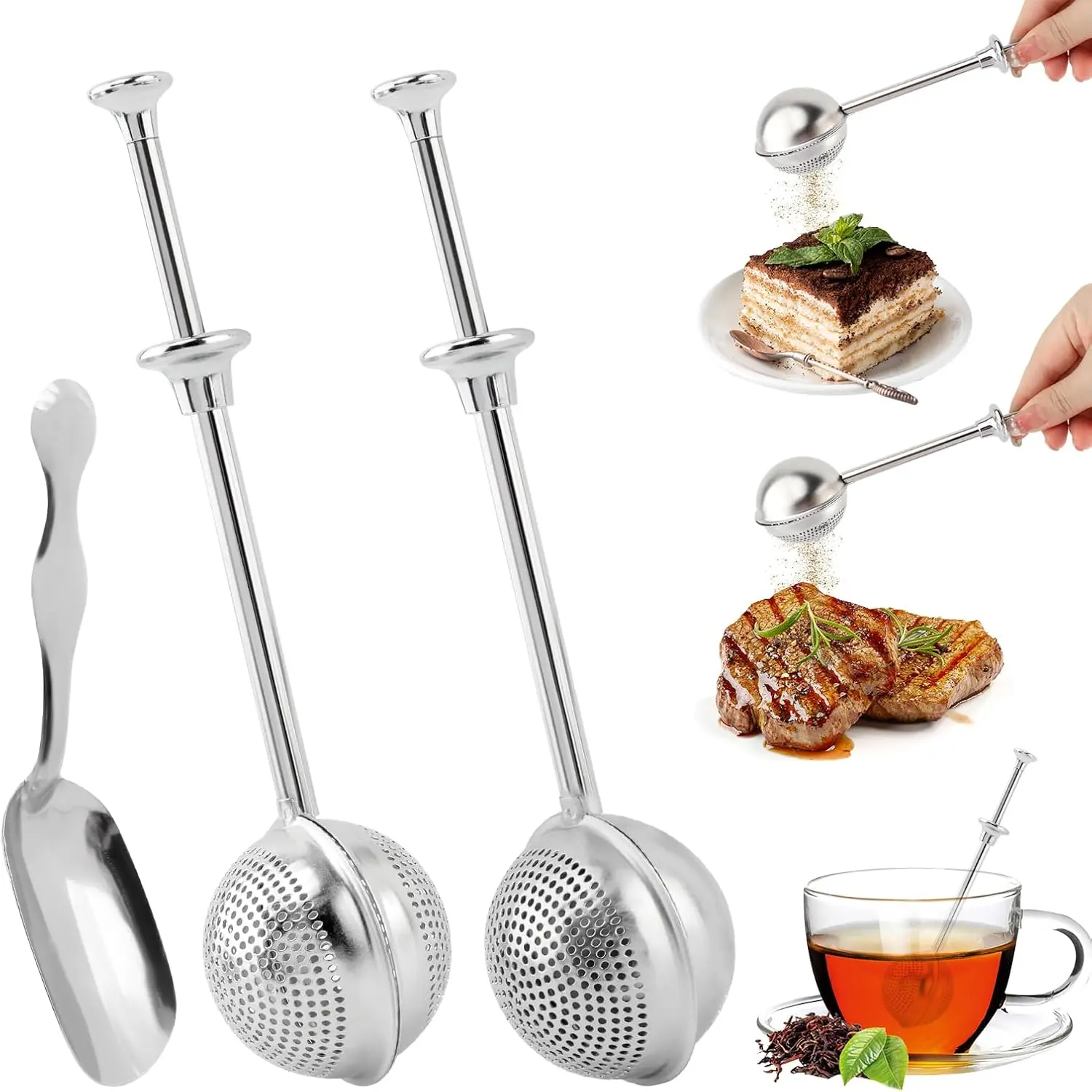 2 count Flour Duster, Stainless Steel Loose  Leaf Steeper,Flour Sifter | Stainless Steel Powdered Sugar Shaker Duster Sifter with Wide Spoon, Dusting Wand for Sugar, Flour and Spices