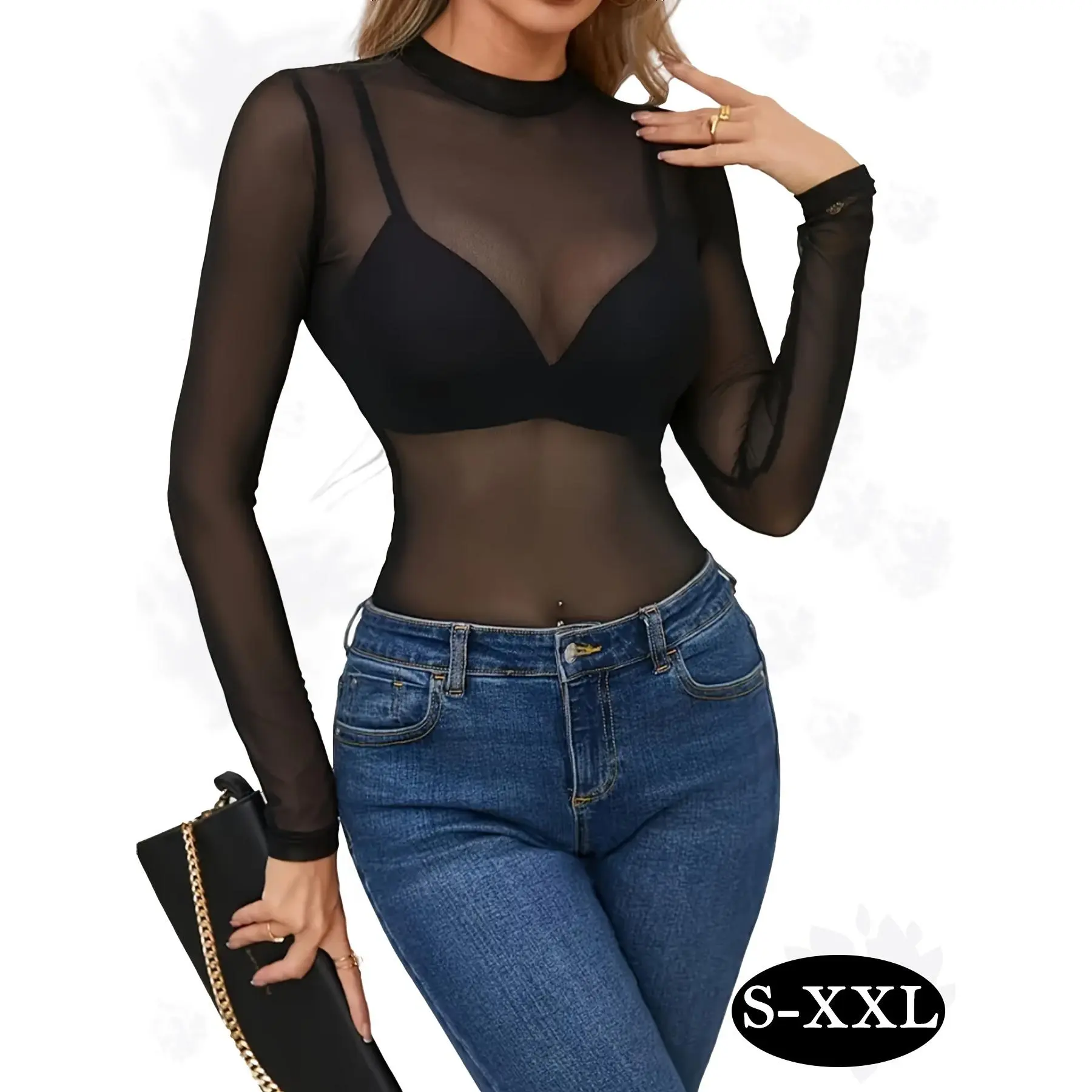 Women's 100% Polyester Knit Solid Crew Neck Mesh Contrast Longsleeve Base Layer Top - Plain, Sexy, High Elasticity, Machine Wash, Versatile All-Season Loungewear Sleepwear, S