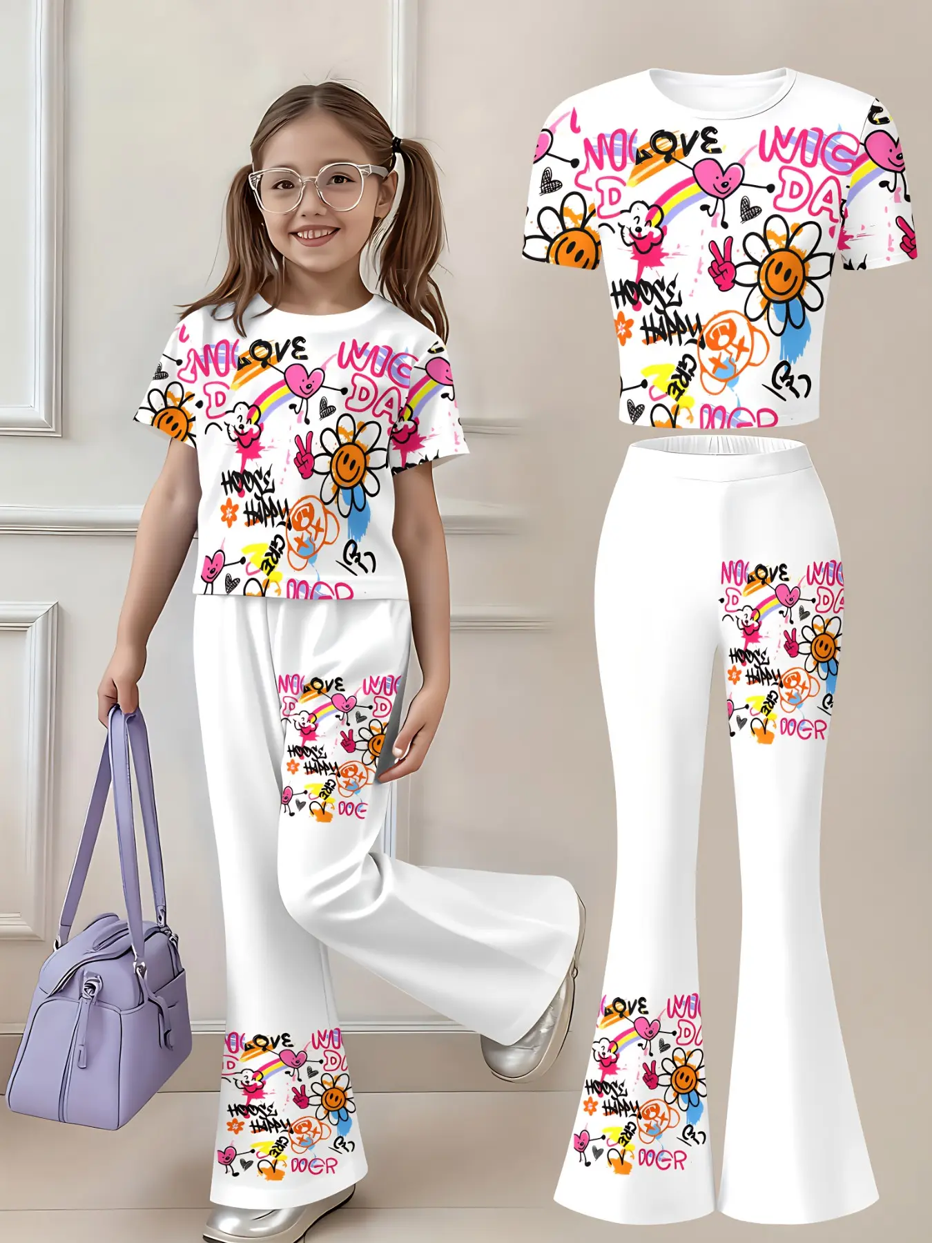 Y2K Graffiti Daisy Heart Rainbow Print 2 Piece Matching Set Soft Stretchy White Crop Short Sleeve Tee Flare Bell Pants School Casual Playdate Viral Kidcore Summer Fashion