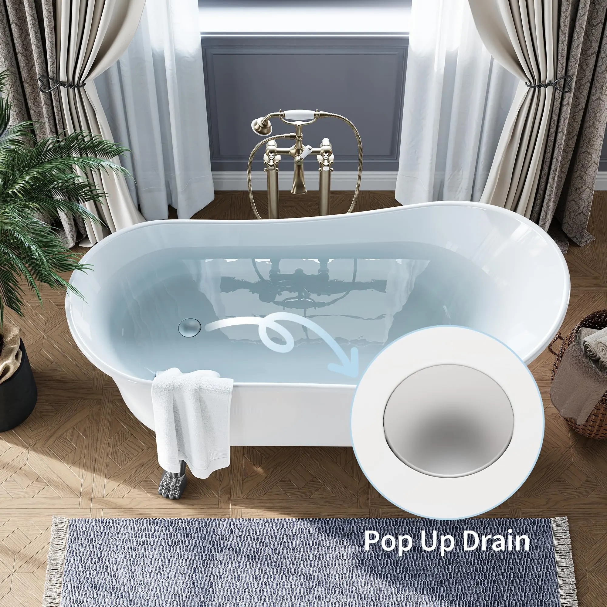 GAOMON Luxurious Acrylic Freestanding Bathtub - 59-67 in Clawfoot & Slipper Designs, Heavy-Duty Construction, Chrome Drain, Feet & Overflow, Pre-Assembled Drainage Component, Indoor Bathroom Spa Remodel Use