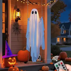 Halloween Glowing Swing Ghost Outdoor Decoration, Remote Control Light String, Cute Floating Ghost Hanging Ornament, Durable Fabric, Garden Atmosphere