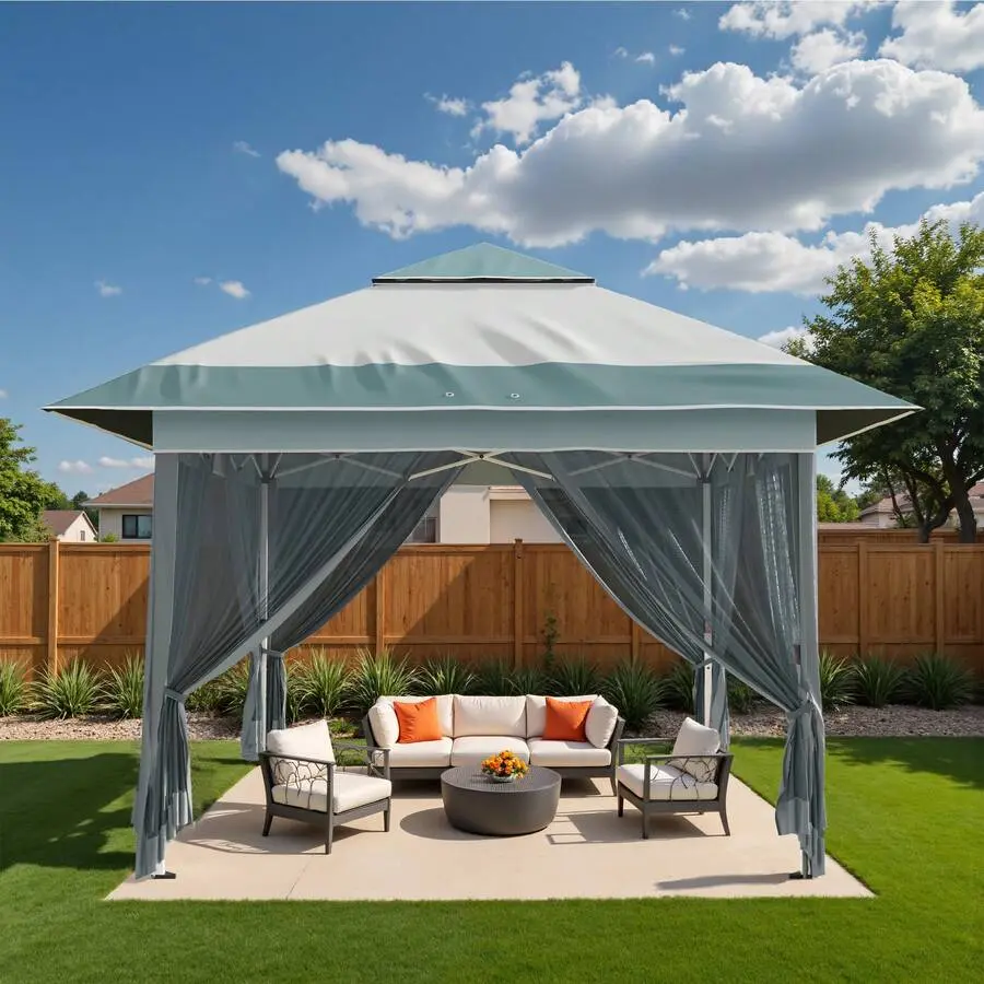 Flamaker 12x12 FT Square Pop Up Gazebo - Polyester Outdoor Canopy Shelter with Metal Legs, 4 Sandbags, 2-Tier Roof, Mesh Netting, Weather Resistance for Backyard Relaxation, Watch Party | Outdoor Parasols, Canopies & Shade, Sun Protection