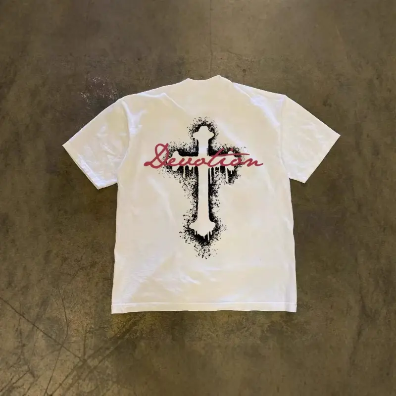 Vintage Grunge Devotion Cross Graphic T-Shirt Unisex Y2K Gothic Streetwear Double Sided Front Back Print Oversized Cream Short Sleeve Tee Drip Spray Paint Cross Faith Letter Aesthetic Loose Fit Soft Cotton Casual Tops For Men Women Teen Hip Hop DailyOutf