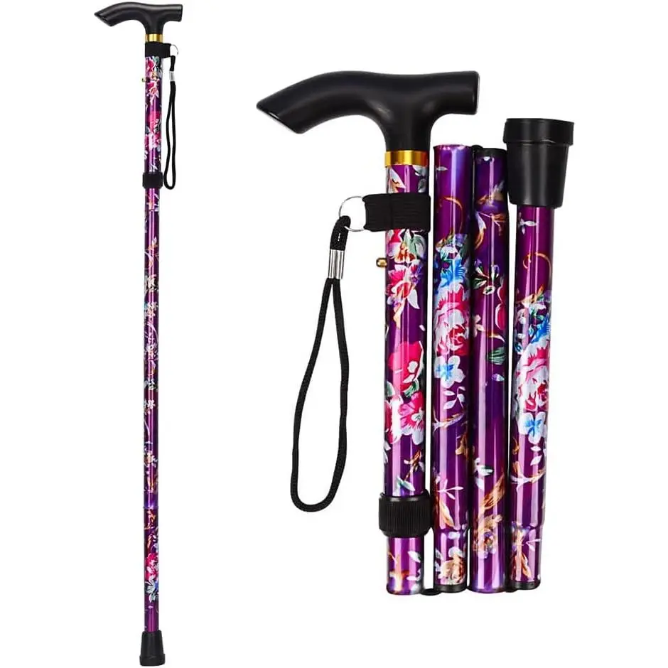 Floral Pattern Folding Hiking Cane - Retractable 5-Gear Height 33"-37" Aluminum Balance Aid, Ergonomic Handle, 0.55 lbs, Lightweight Adjustable Stick, Gifts for Grandma for Seniors, Women, Foldable
