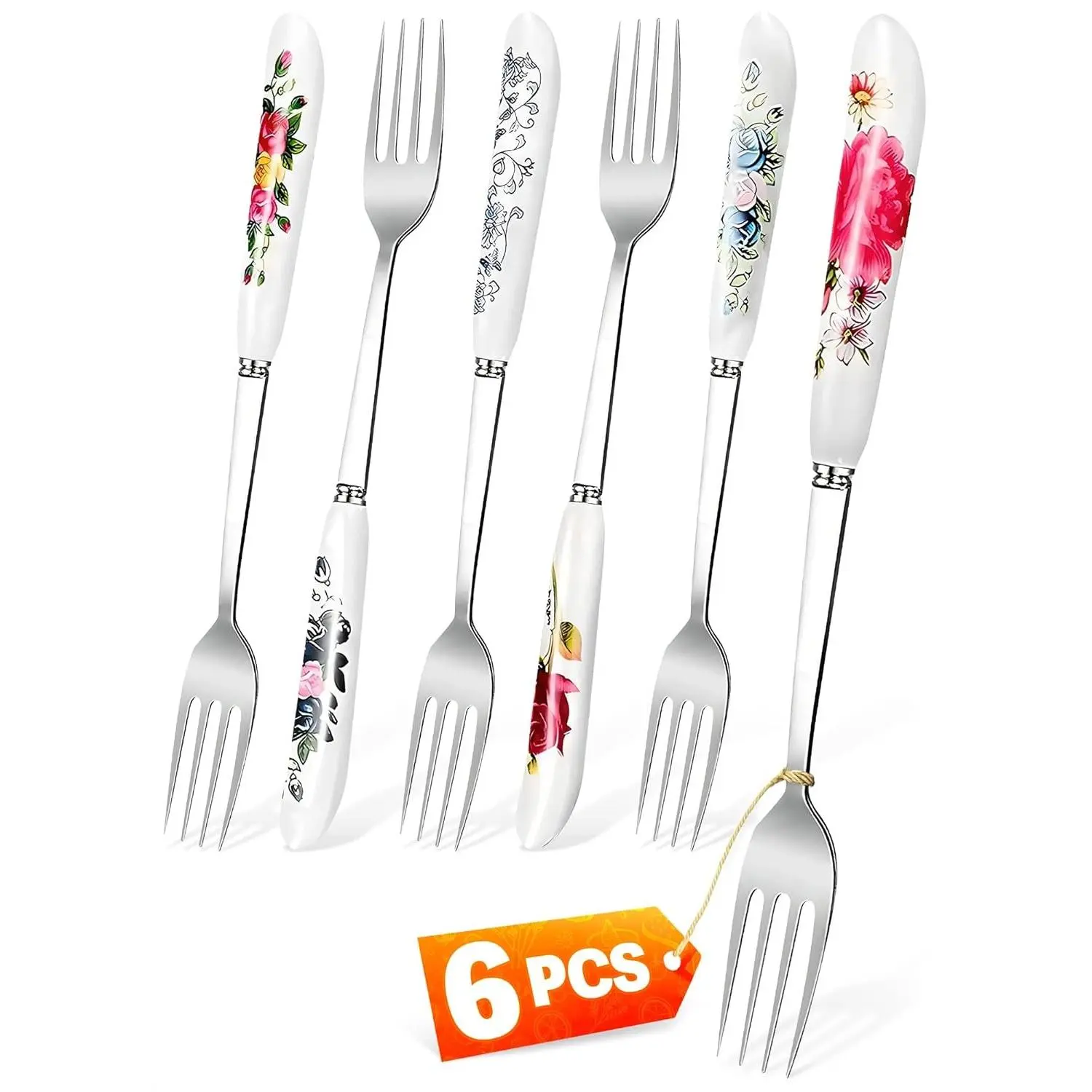 6 Pcs Dinner Forks Stainless Steel Fork Set With Floral Design Ceramic Handle 8.3" Table Serving Utensils Dishwasher Safe Durable Kitchen Gift Set for Daily Use and Special Occasions