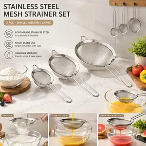 3-Piece Set of Stainless Steel Fine-Mesh Strainers and Colanders, Fine Mesh Sieve with Metal Handles - Flour Sifters and Oil Strainers in Multiple Sizes, Ideal for Baking, Cooking - Stainless Steel Strainer Baskets