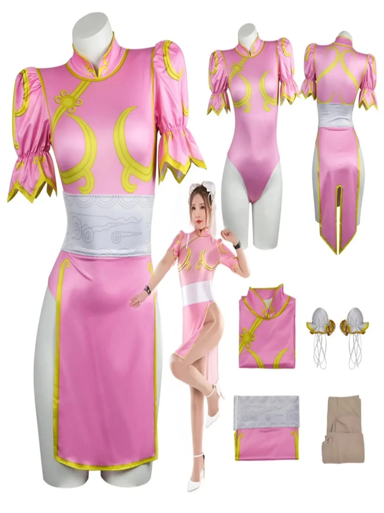 Game Street Chun Li Cosplay Costume Sutorito Faita Cheongsam Pink Dress Women Girls Qipao Chunli Outfit Costume Halloween Accessories